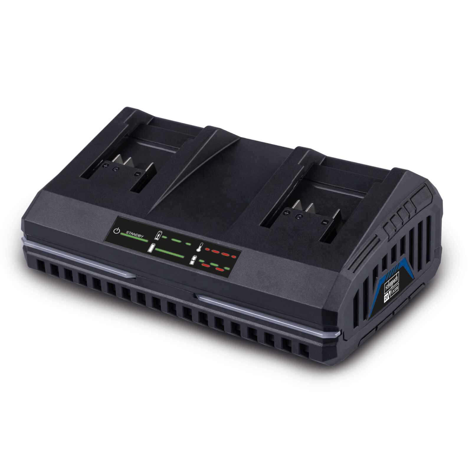 Scheppach 20 Volt Akkuladegerät mit 4 LED-Anzeigen für Ladezustand und Standby-Modus, kompatibel mit 20V-System.